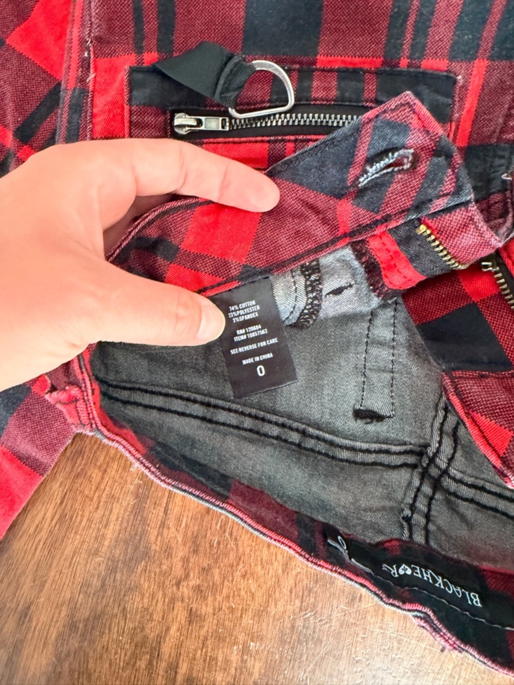 Black heart Red & Black Plaid Skinny Pants with Zip and Patch Details - Picture 8 of 9